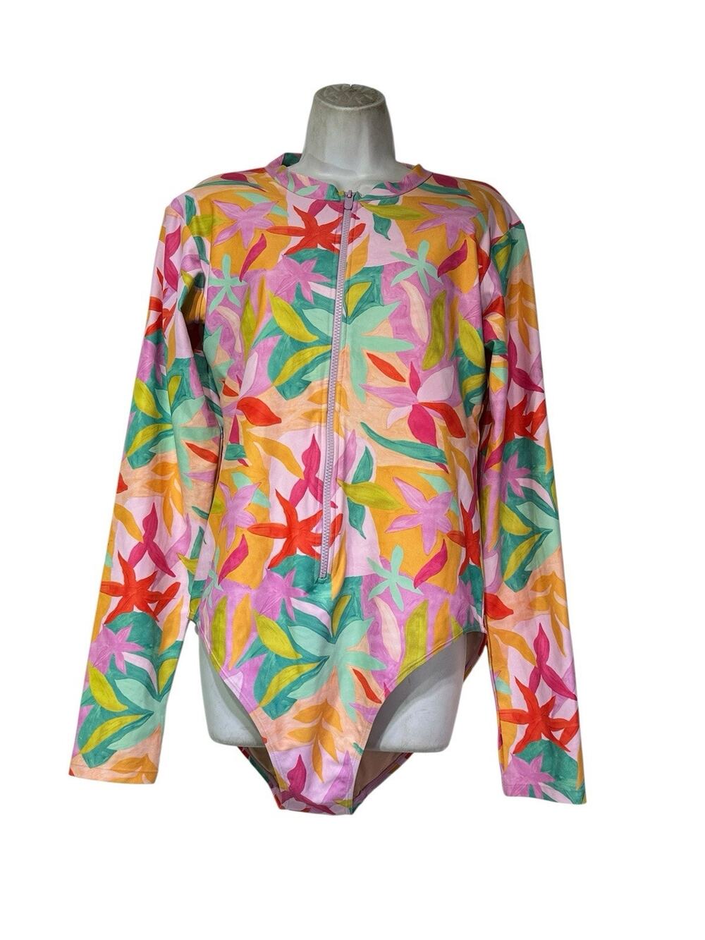 Mott50 Women’s Size XL Floral Tropical One Piece Rash Guard Swimsuit UPF 50+ Zip